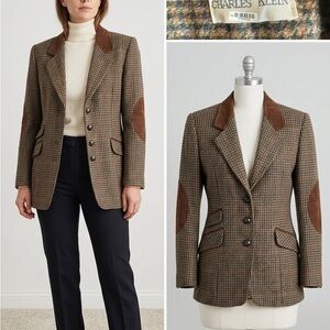Charles Klein Brown Houndstooth Blazer with Suede Elbow Patches